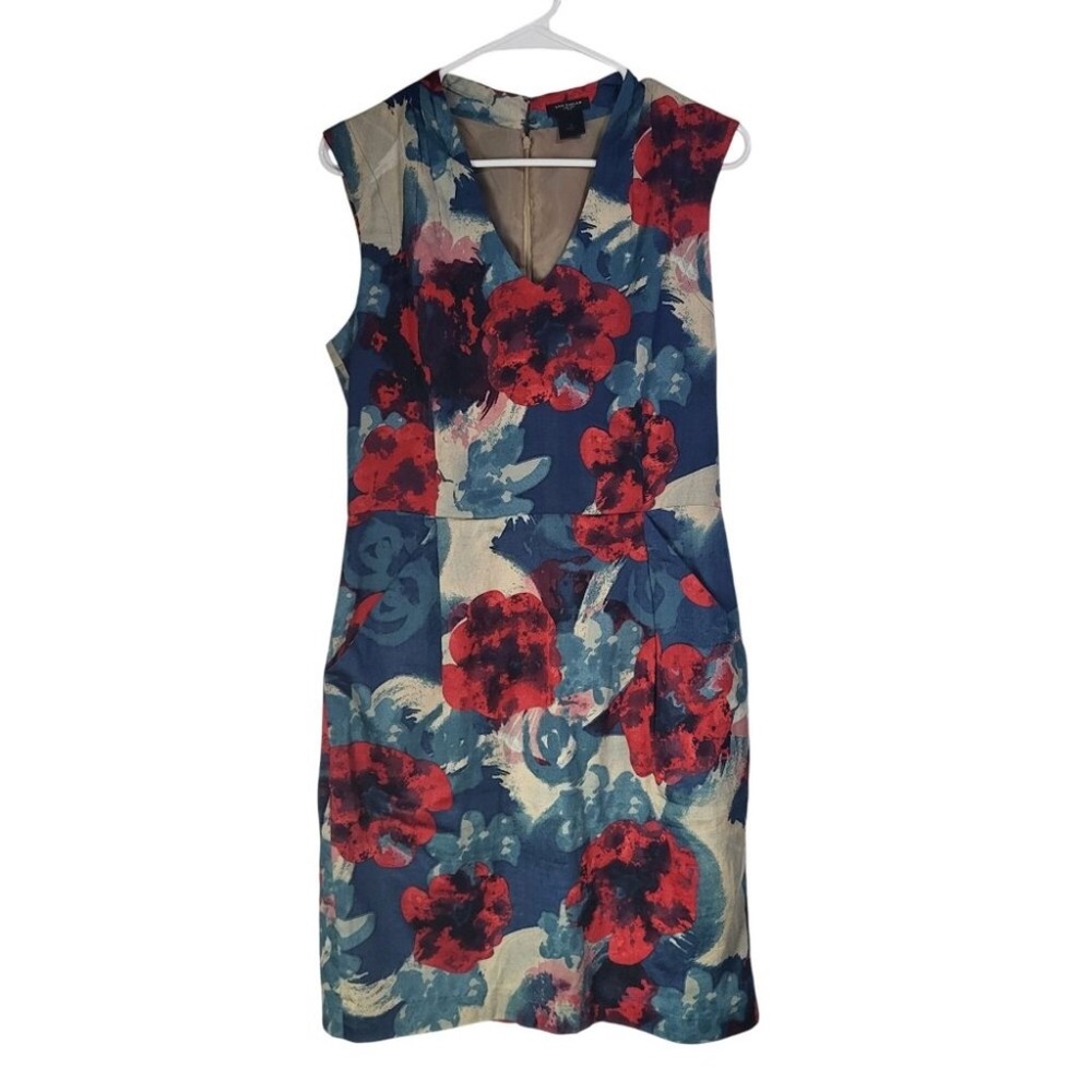 Ann Taylor Women's Red & Blue Dress Floral V Neck Pockets - Size 10